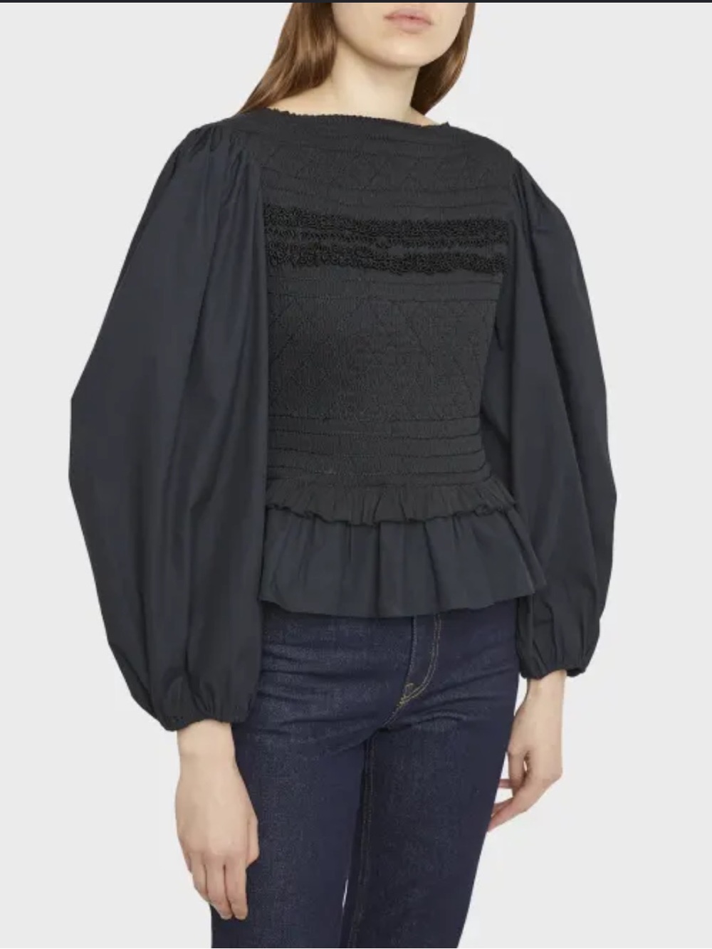 Ulla Johnson Black Amelia Smocked Puff-Sleeve Peplum Top
